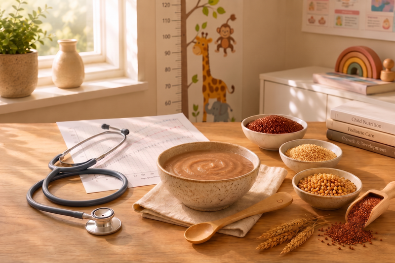 A pediatric clinic desk with a stethoscope, wholesome grains, and a bowl of baby porridge, symbolizing pediatric guidance and healthy child nutrition.