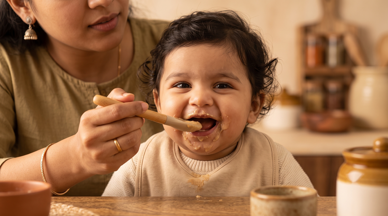 A happy baby being fed by his mother, illustrating that wholesome child nutrition does not need to be complicated.