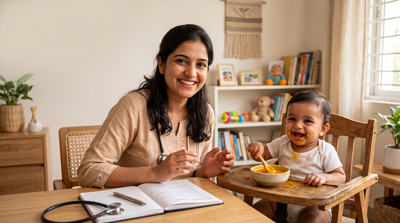 A smiling pediatrician with her clinical notes next to a happy baby enjoying a meal, illustrating the journey of one child.