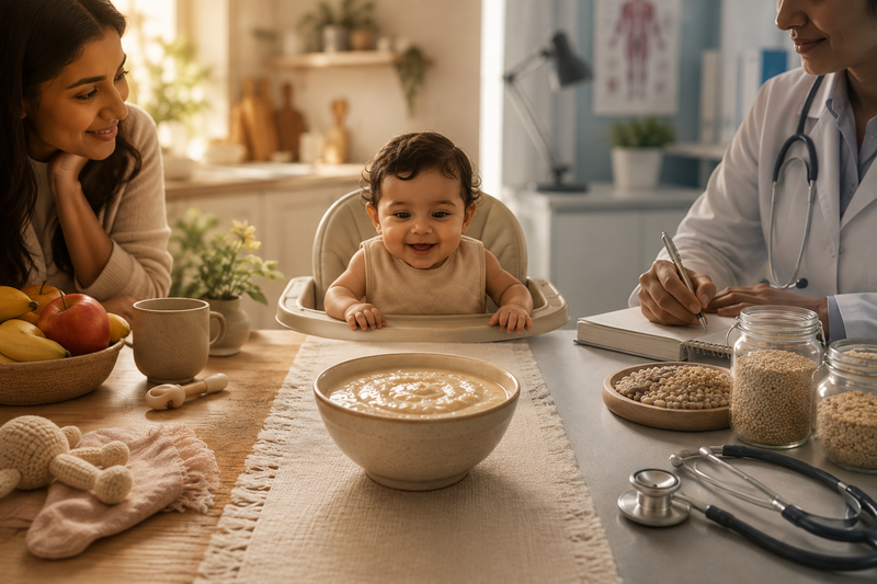 A doctor and a mother focused on a baby's wholesome meal, representing a child's best interest.