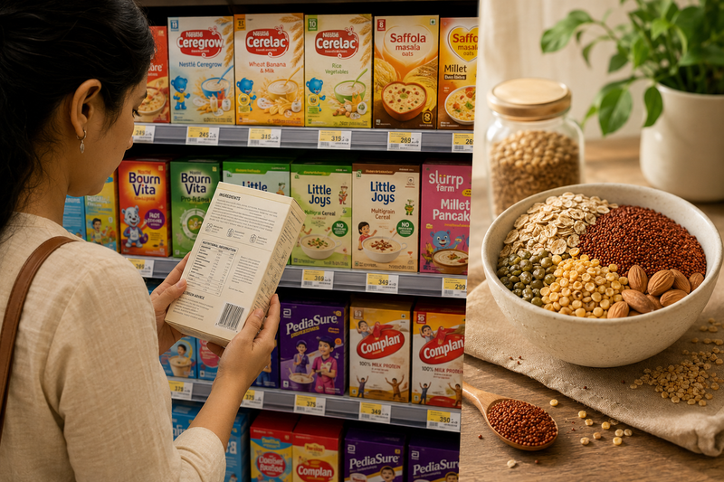 A mother reading a label in a store aisle compared to raw grains, illustrating that ingredients matter more than marketing.