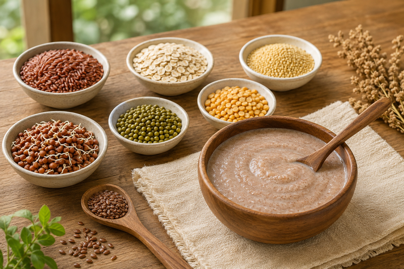 A bowl of porridge surrounded by raw seeds and grains, representing simple, wholesome child nutrition.