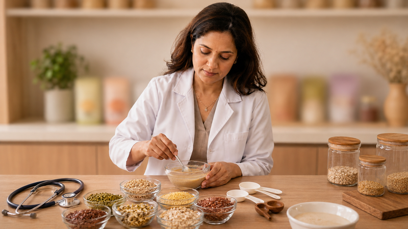 A doctor in a white coat manually mixing raw grains in a bowl, illustrating the choice to start small over waiting for a perfect system.