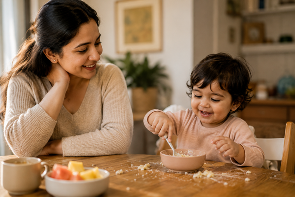 A mother happily watching her toddler eat independently, illustrating relief from parental food anxiety.