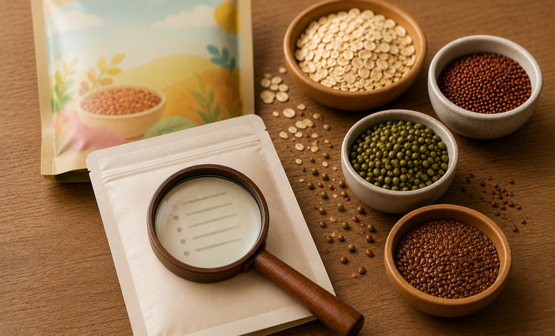 A magnifying glass highlighting the ingredient list on a simple, unbranded food pouch alongside wholesome grains, symbolizing why honest food matters more than fancy packaging.