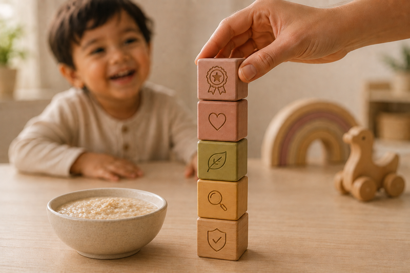 An adult carefully completes a tower of wooden blocks engraved with subtle value icons, with a smiling child and a bowl of porridge in the background, representing the foundations of a trustworthy children's food brand.
