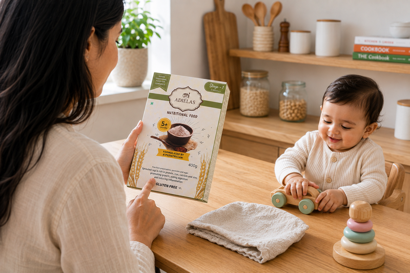 A mother reading ingredients on a children’s food package while her baby plays, representing simple and understandable nutrition.
