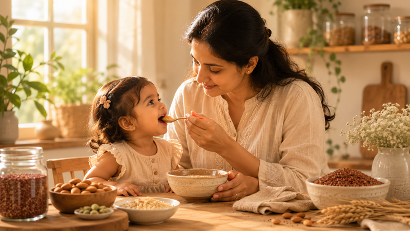 A pediatrician mother lovingly preparing nutritious homemade ragi baby food for her daughter, inspiring the story behind ADIELAS.