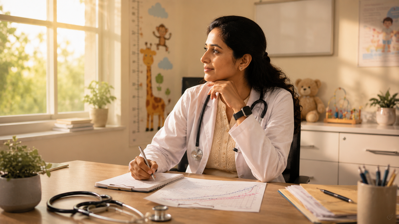 A pediatrician seated in a child-friendly clinic, reflecting on years of caring for children and the importance of everyday nutrition.