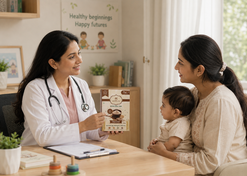 Pediatrician discussing healthy nutrition choices with a parent using ADIELAS.