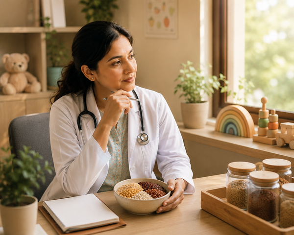 A pediatrician sitting in a clinic, thoughtfully looking outside while holding a bowl of wholesome grains.