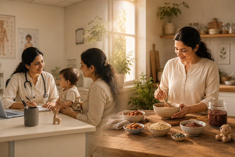 A pediatrician caring for a mother and child in a clinic while preparing homemade baby food in a warm Indian kitchen, representing the journey behind ADIELAS.