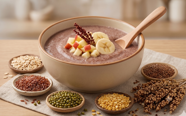 A bowl of nutritious porridge surrounded by raw whole grains and topped with fresh fruits, illustrating a pediatrician's approach to childhood nutrition.