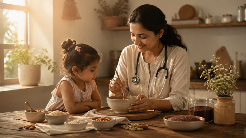 A doctor preparing a bowl of food for her young daughter, showing why she first made this recipe.