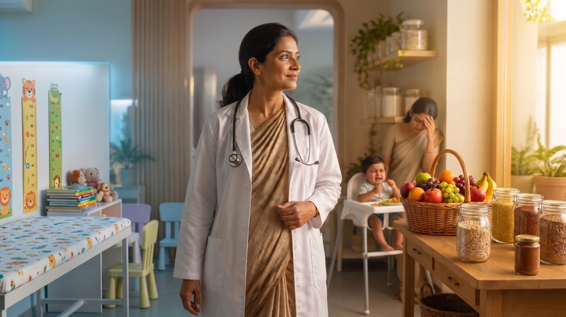 A thoughtful pediatrician with a struggling mother and baby behind her, showing why she chose children's food as her battle.